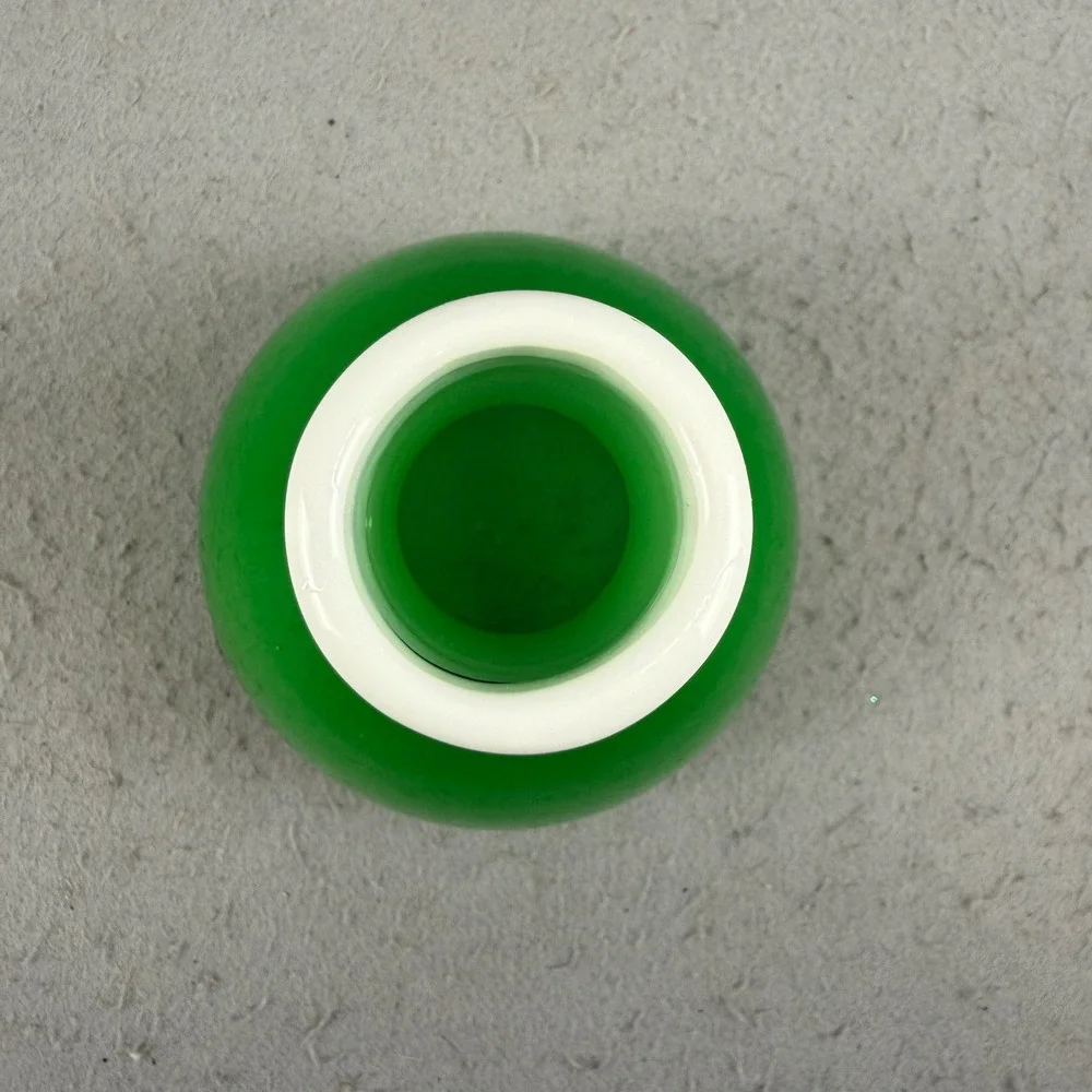 Vintage Mid Century Emerald Green Cased Glass Vase White‎ Rim 6 Inch MCM Decor